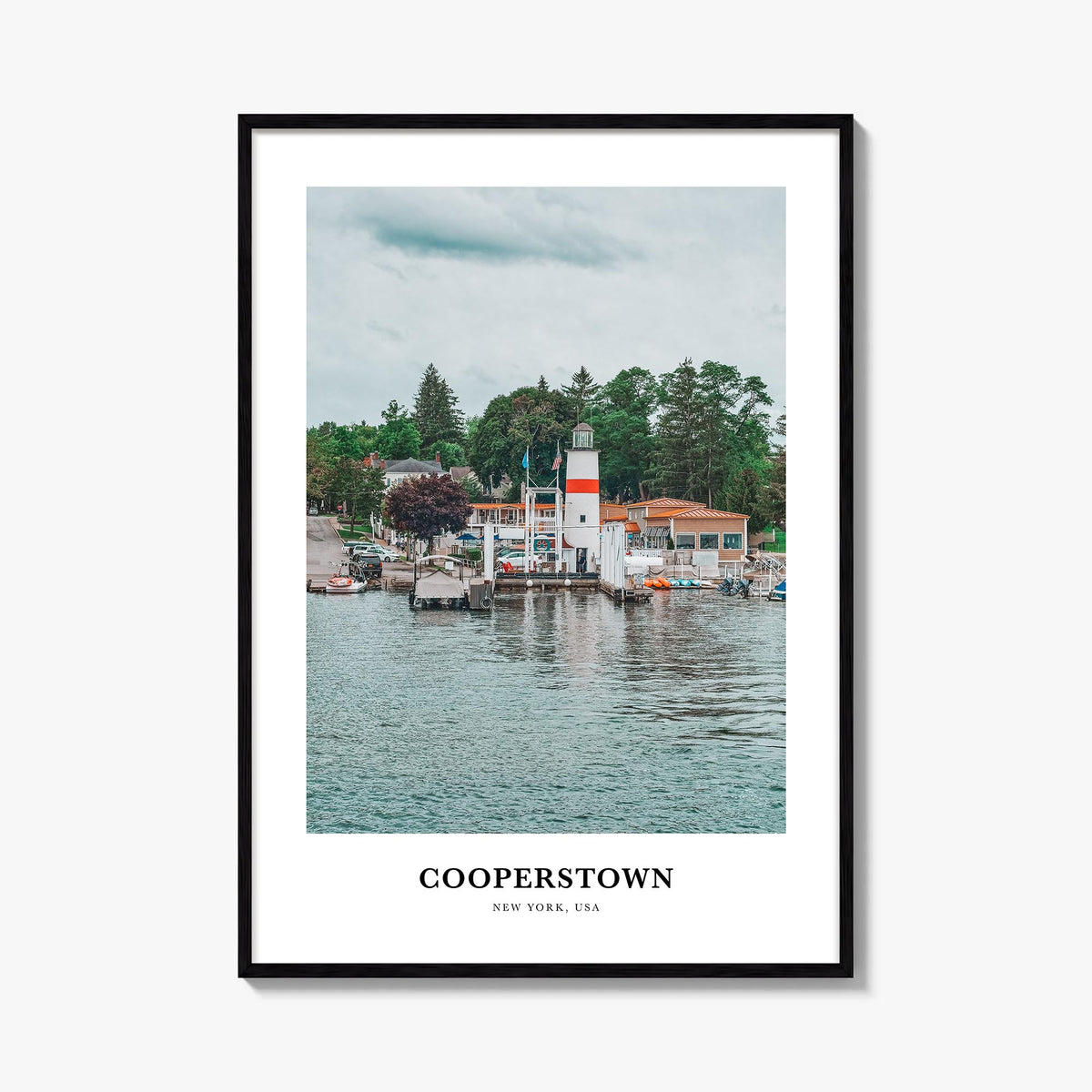 Cooperstown colorful classic poster of New York, USA – vertical wall art, unframed print shown in interior mockup