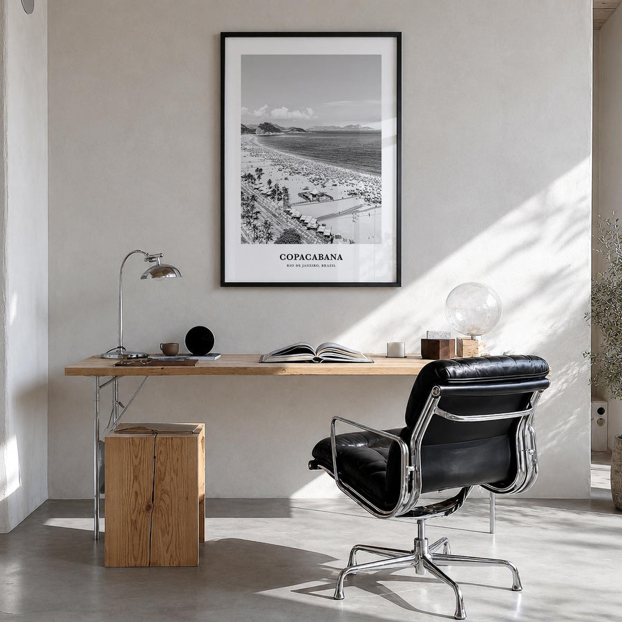 Copacabana black & white classic poster of Rio de Janeiro, Brazil – vertical wall art in black wood frame, hanging on wall