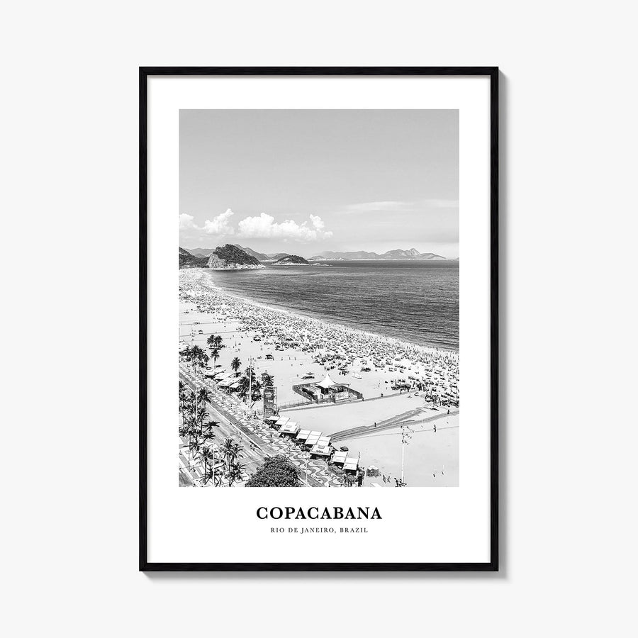 Copacabana black & white classic poster of Rio de Janeiro, Brazil – vertical wall art, unframed print shown in interior mocku