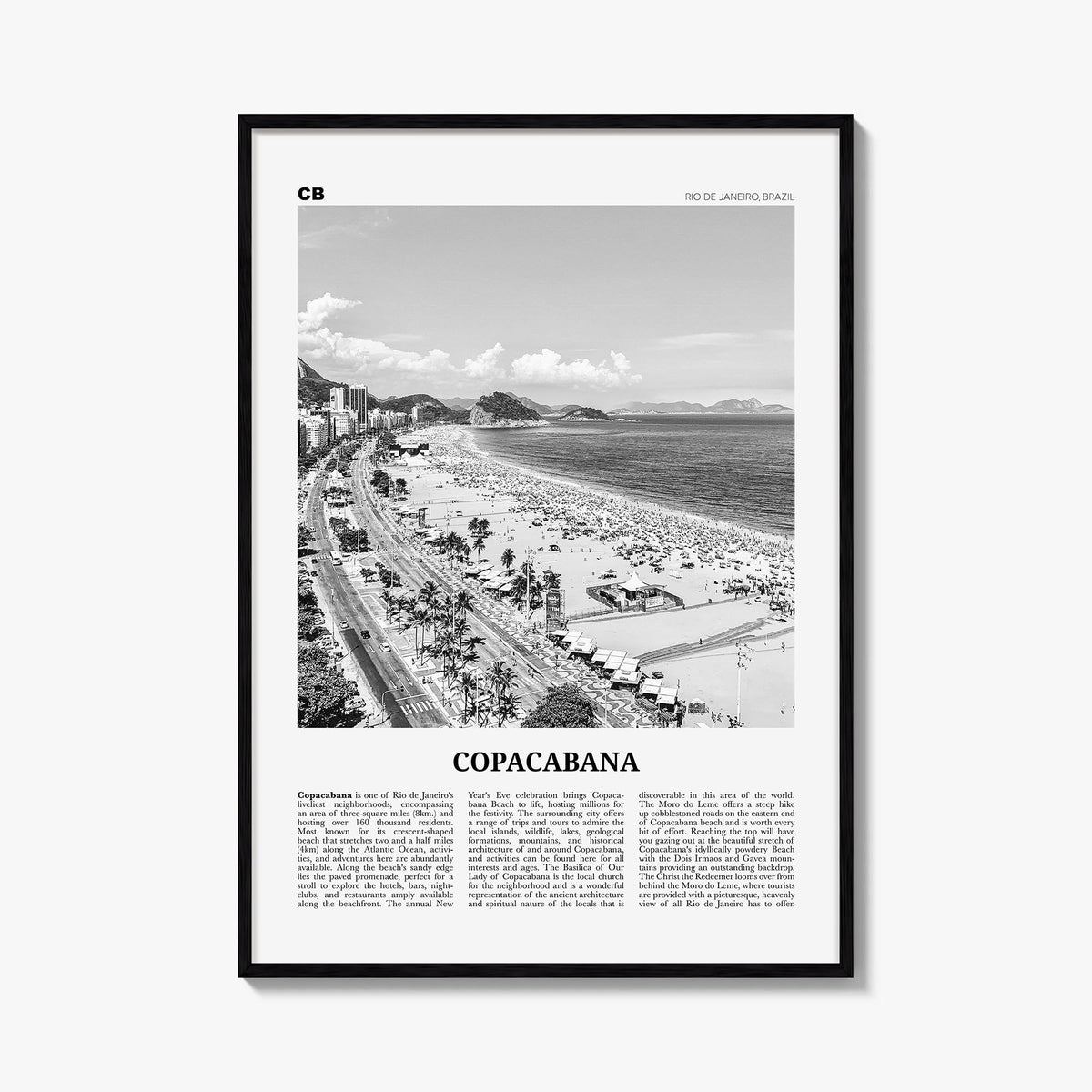 Copacabana black & white newspaper poster of Rio de Janeiro, Brazil – vertical wall art, unframed print shown in interior moc