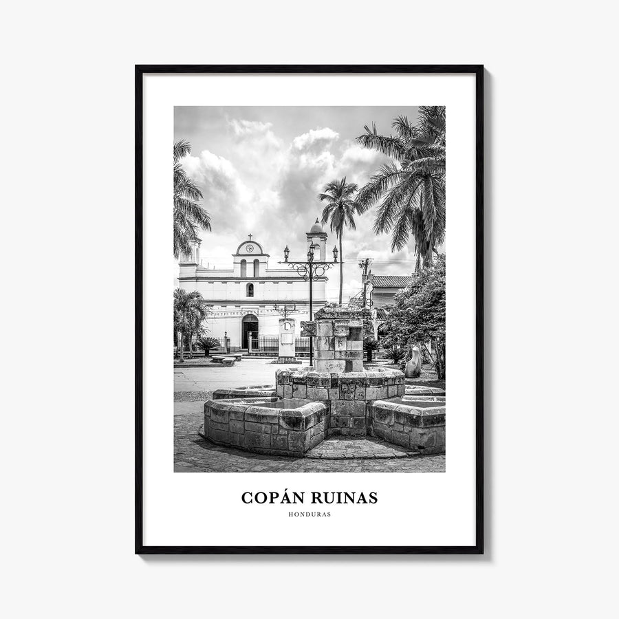 Copán Ruinas black & white classic poster of Honduras – vertical wall art, unframed print shown in interior mockup