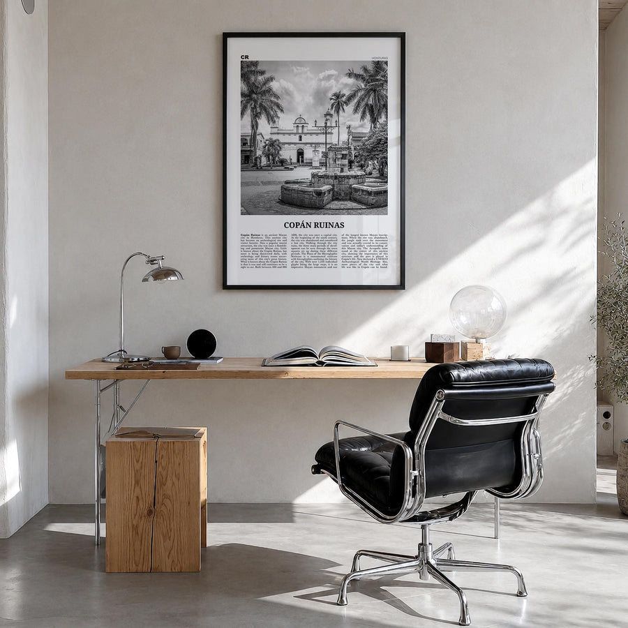 Copán Ruinas black & white newspaper poster of Honduras – vertical wall art in black wood frame, hanging on wall