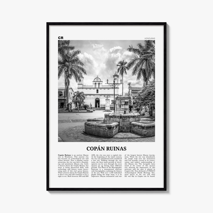 Copán Ruinas black & white newspaper poster of Honduras – vertical wall art, unframed print shown in interior mockup
