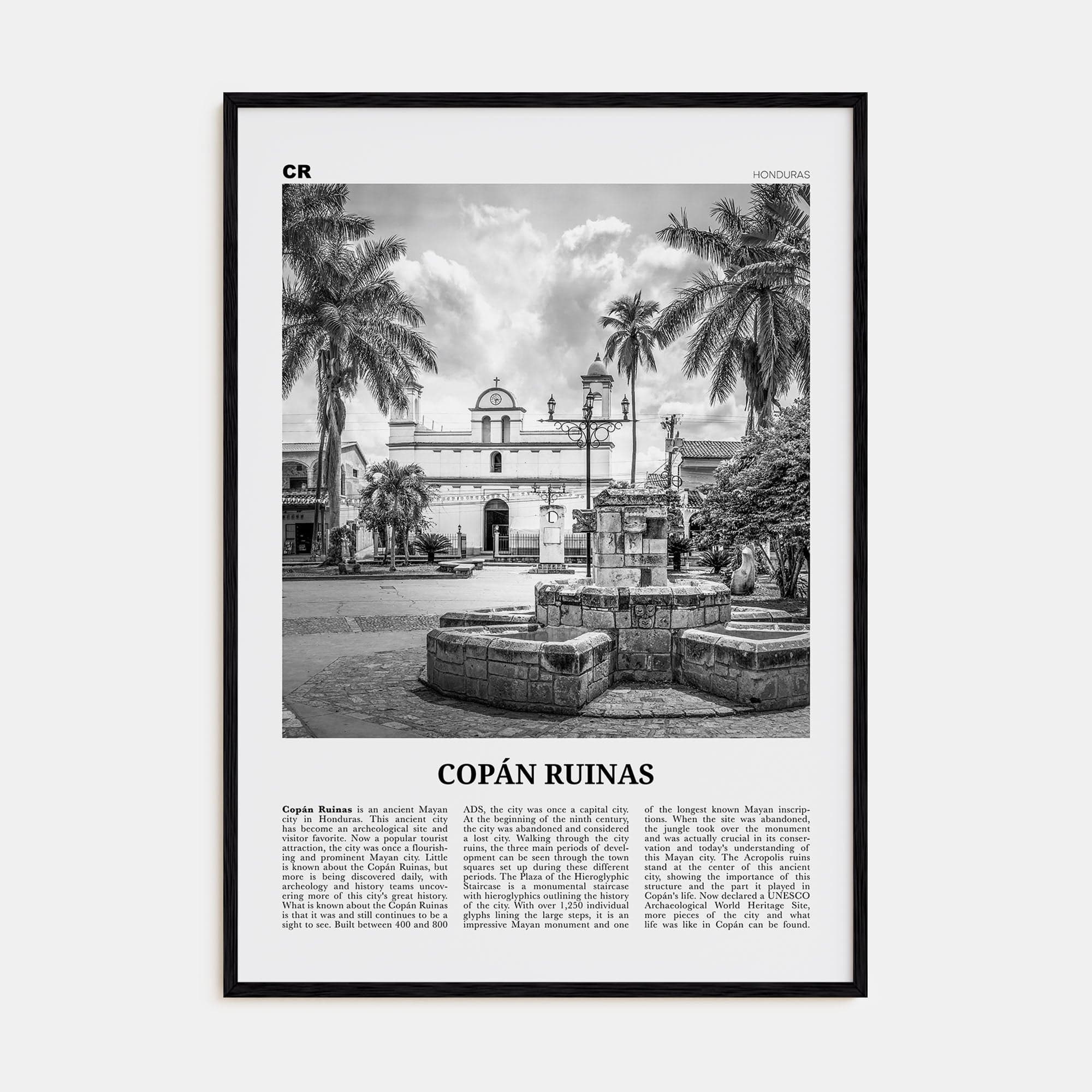 Copán Ruinas Poster Black Wood / 8x12 in Nbourhood Travel B&W Poster