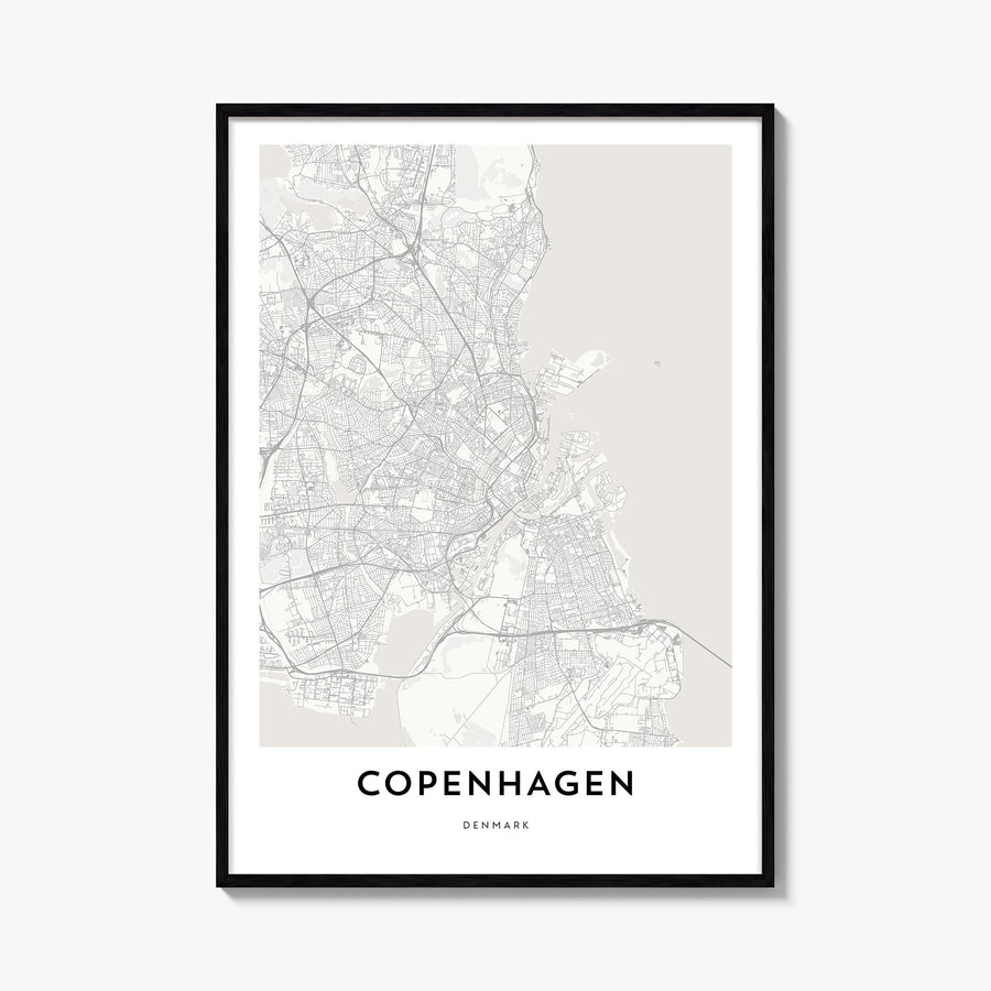 Copenhagen black & white map poster of Denmark – vertical wall art, unframed print shown in interior mockup