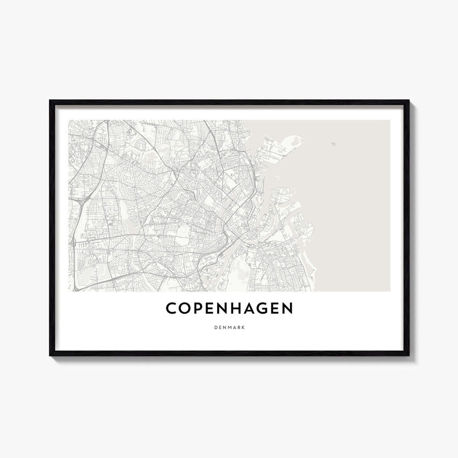 Copenhagen black & white map poster of Denmark – horizontal wall art, unframed print shown in interior mockup