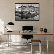 Copenhagen black & white photo poster of Denmark – horizontal wall art in black wood frame, hanging on wall