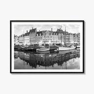 Copenhagen black & white photo poster of Denmark – horizontal wall art, unframed print shown in interior mockup