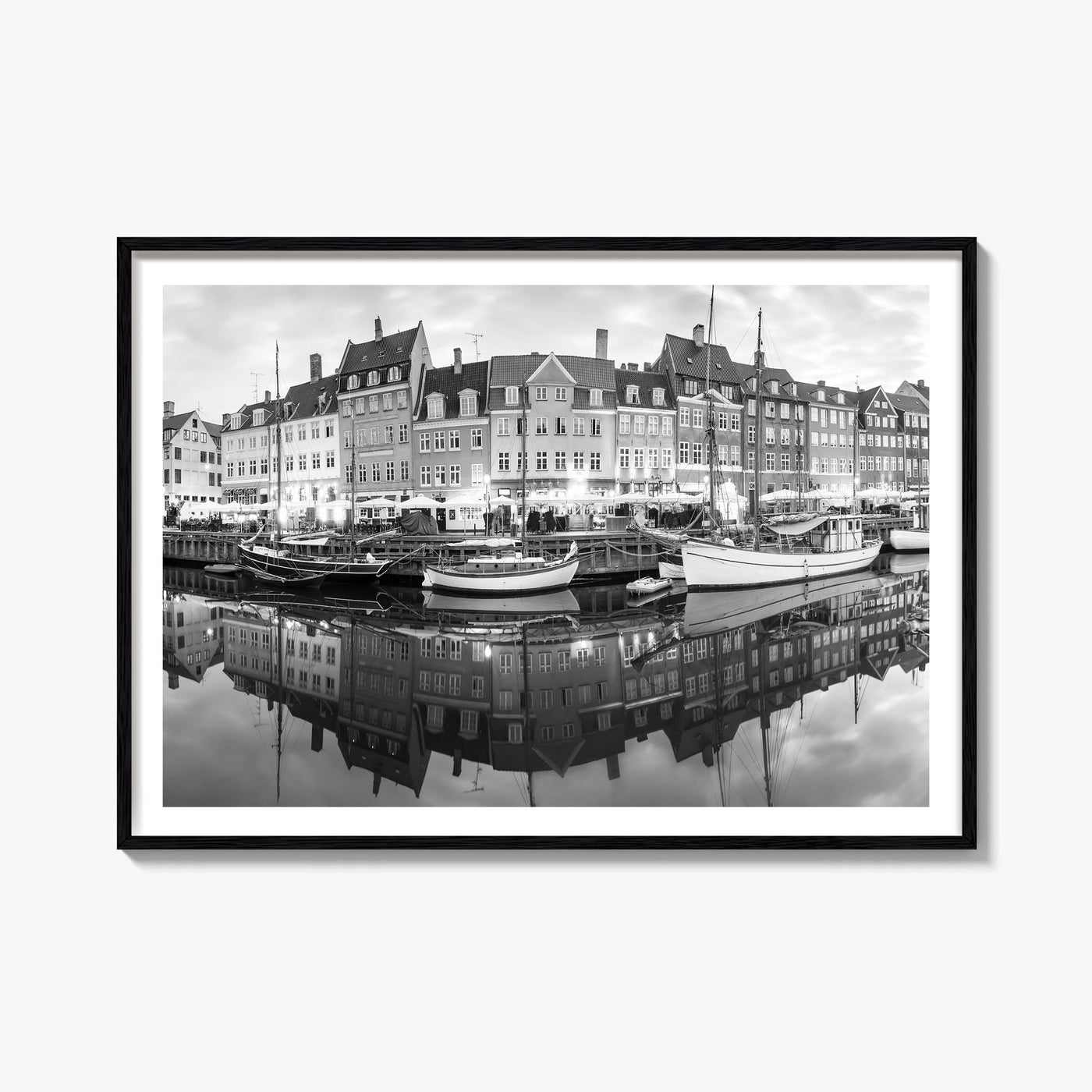 Copenhagen black & white photo poster of Denmark – horizontal wall art, unframed print shown in interior mockup