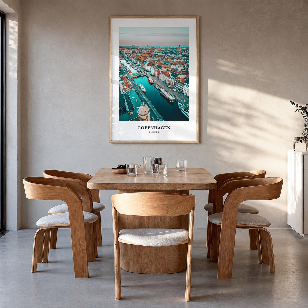 Copenhagen colorful classic poster of Denmark – vertical wall art in natural wood frame, hanging on wall