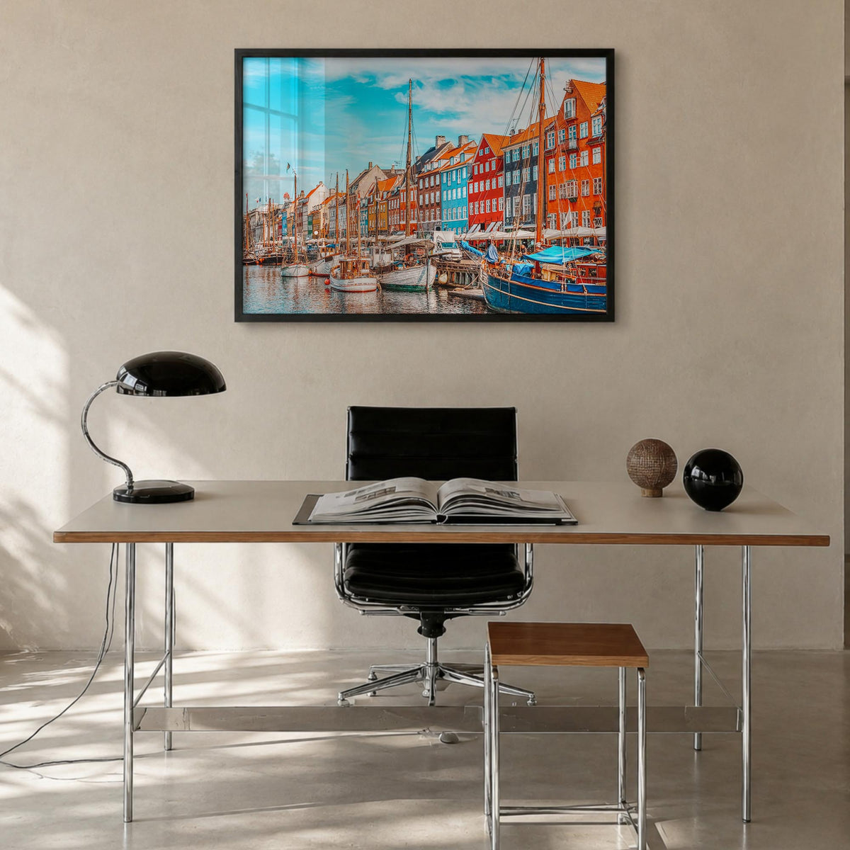Copenhagen colorful photo poster of Denmark – horizontal wall art in black wood frame, hanging on wall