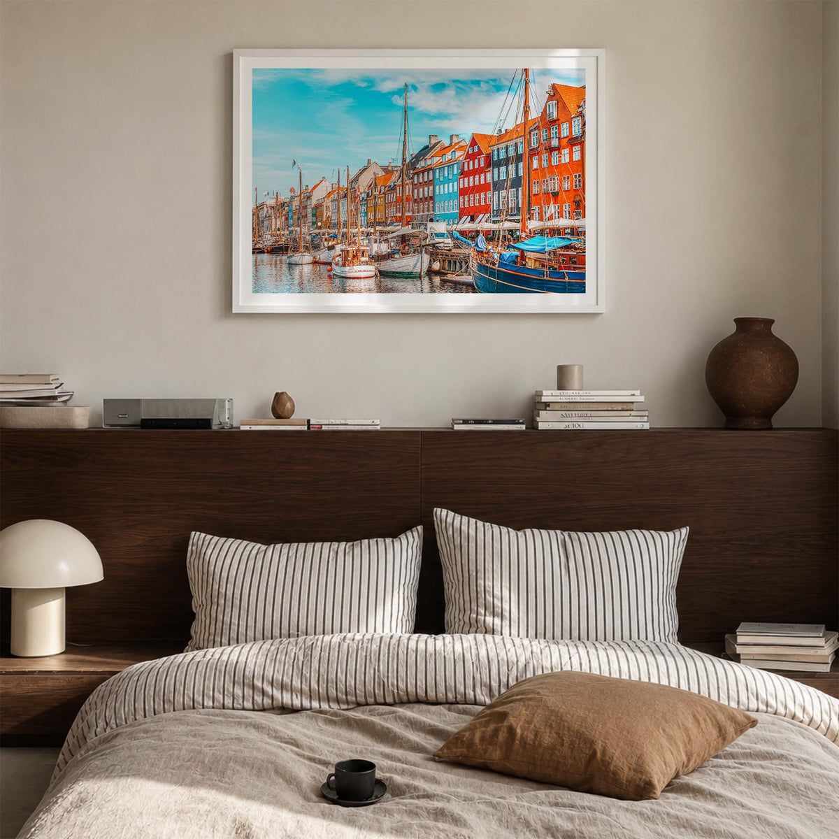 Copenhagen colorful photo poster of Denmark – horizontal wall art in white wood frame with white border, hanging on wall