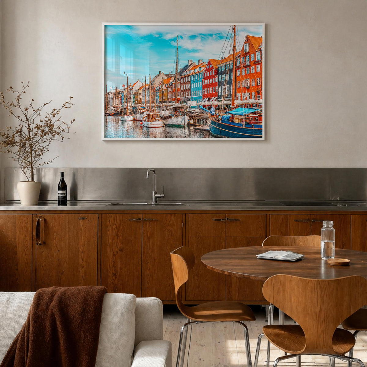 Copenhagen colorful photo poster of Denmark – horizontal wall art in white wood frame, hanging on wall