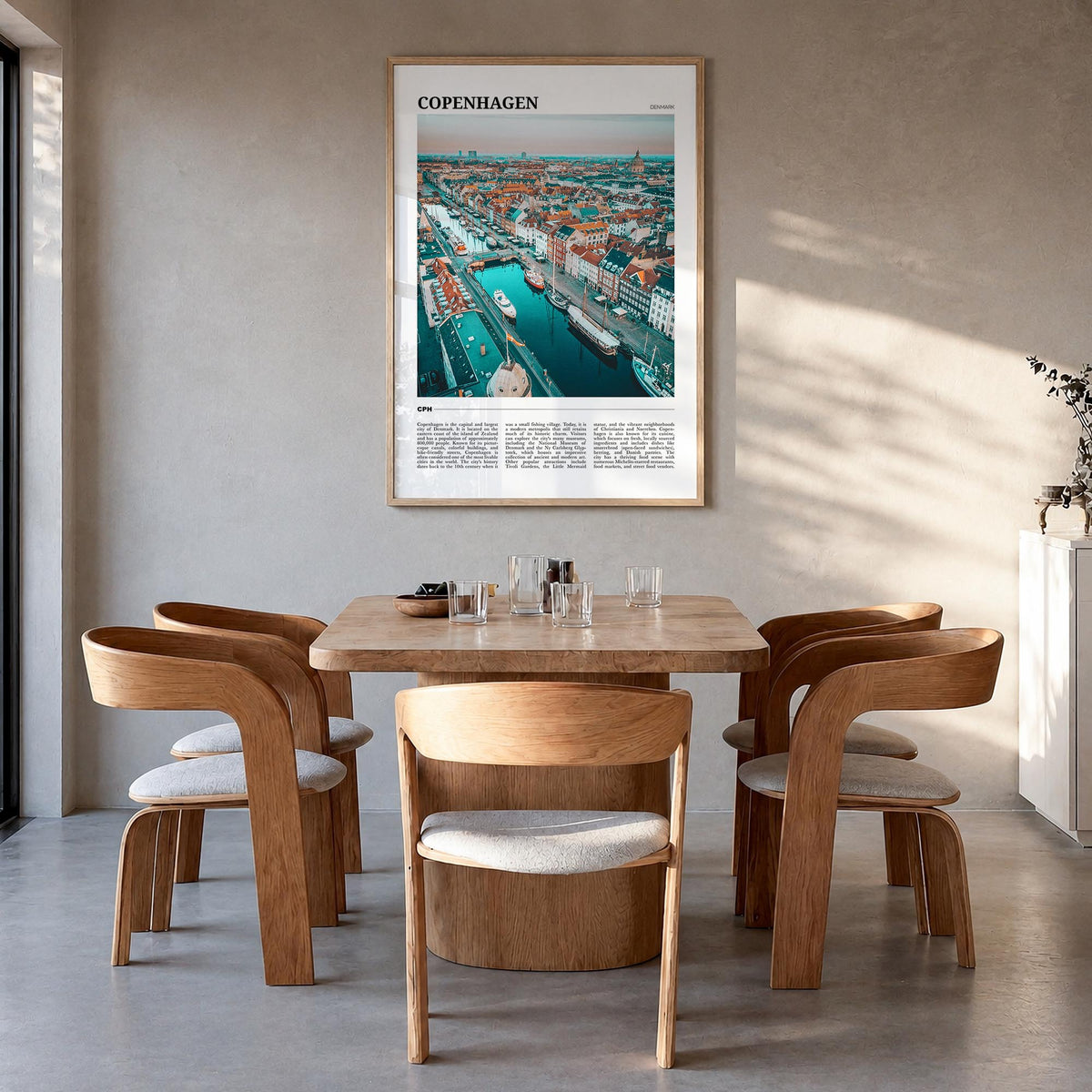 Copenhagen colorful travel poster of Denmark – vertical wall art in natural wood frame, hanging on wall