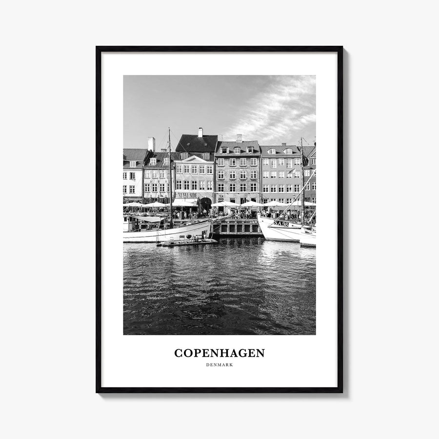Copenhagen no. 1 black & white classic poster of Denmark – vertical wall art, unframed print shown in interior mockup