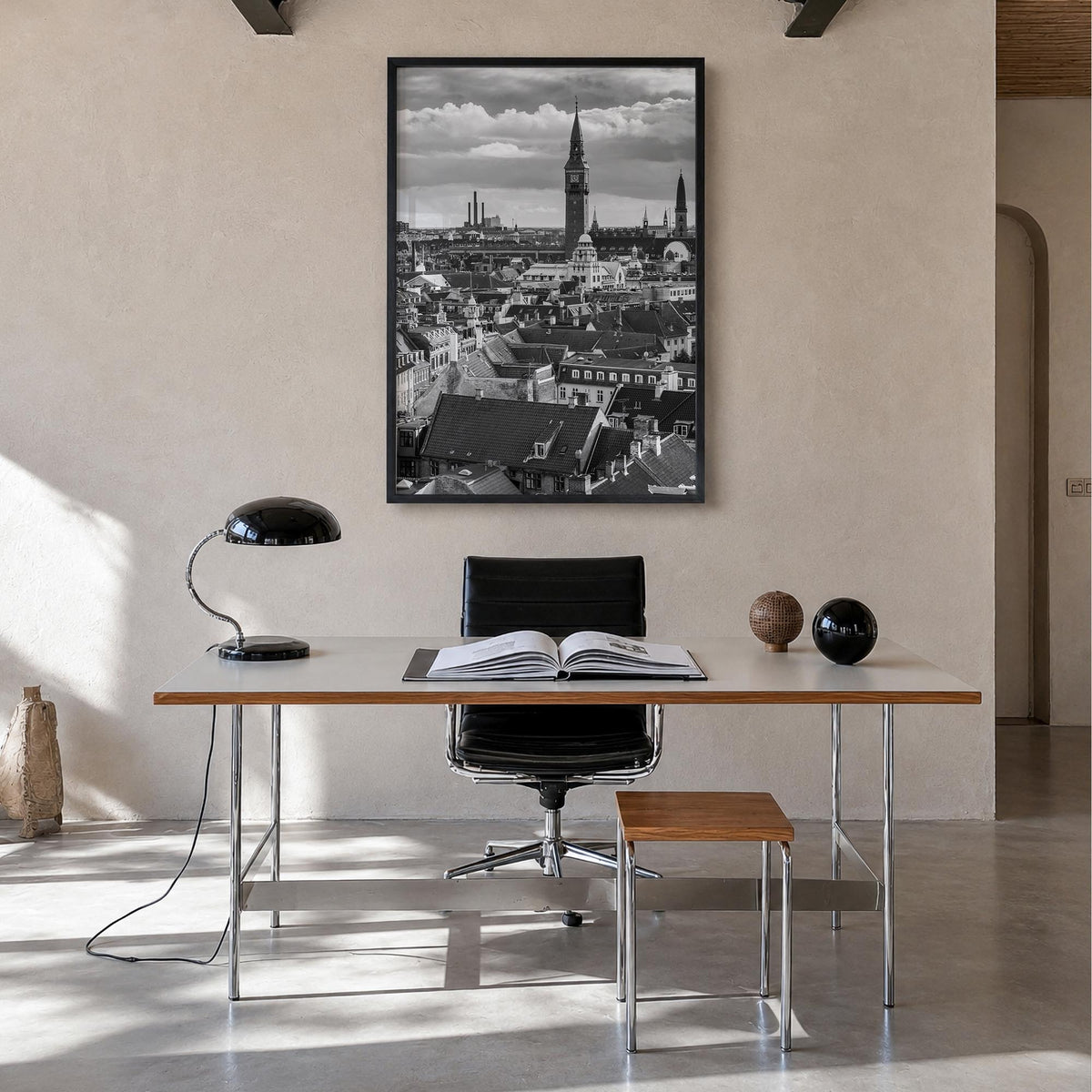 Copenhagen no. 1 black & white photo poster of Denmark – vertical wall art in black wood frame, hanging on wall