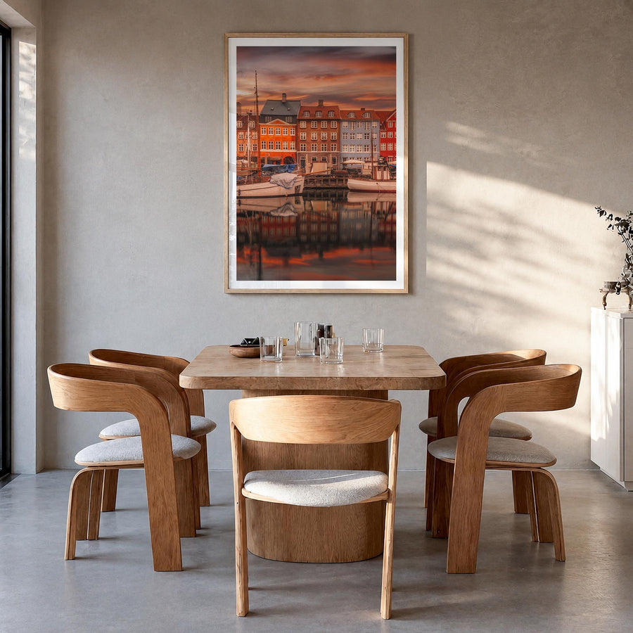Copenhagen no. 1 colorful photo poster of Denmark – vertical wall art in natural wood frame with white border, hanging on wal