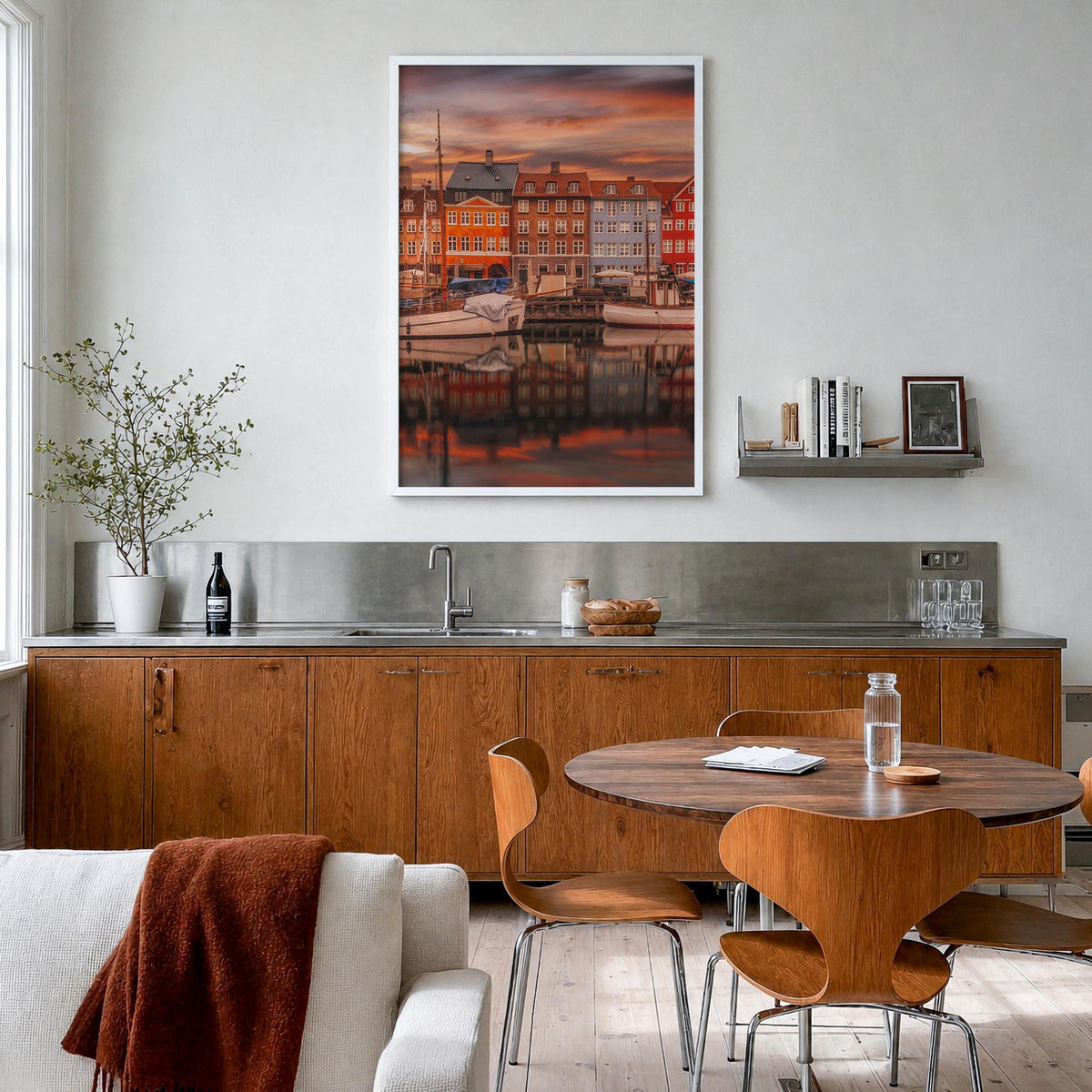 Copenhagen no. 1 colorful photo poster of Denmark – vertical wall art in white wood frame, hanging on wall
