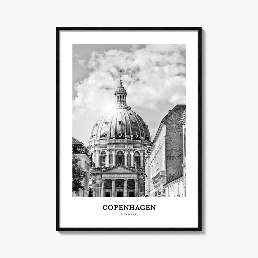 Copenhagen no. 2 black & white classic poster of Denmark – vertical wall art, unframed print shown in interior mockup
