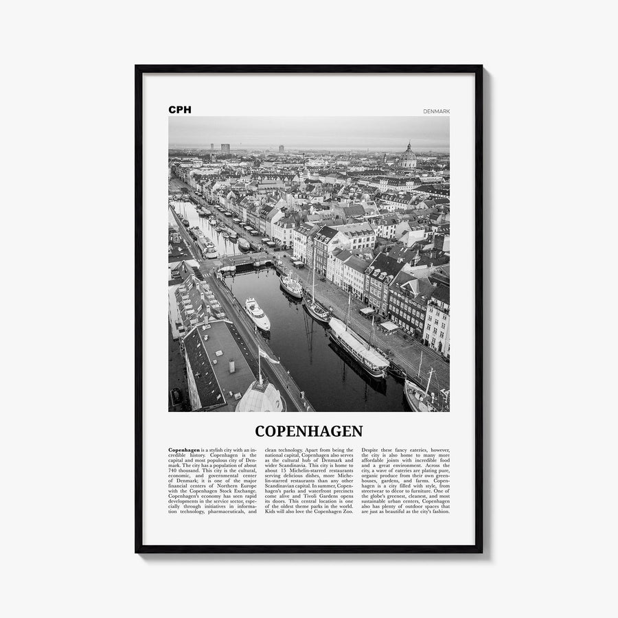 Copenhagen no. 2 black & white newspaper poster of Denmark – vertical wall art, unframed print shown in interior mockup