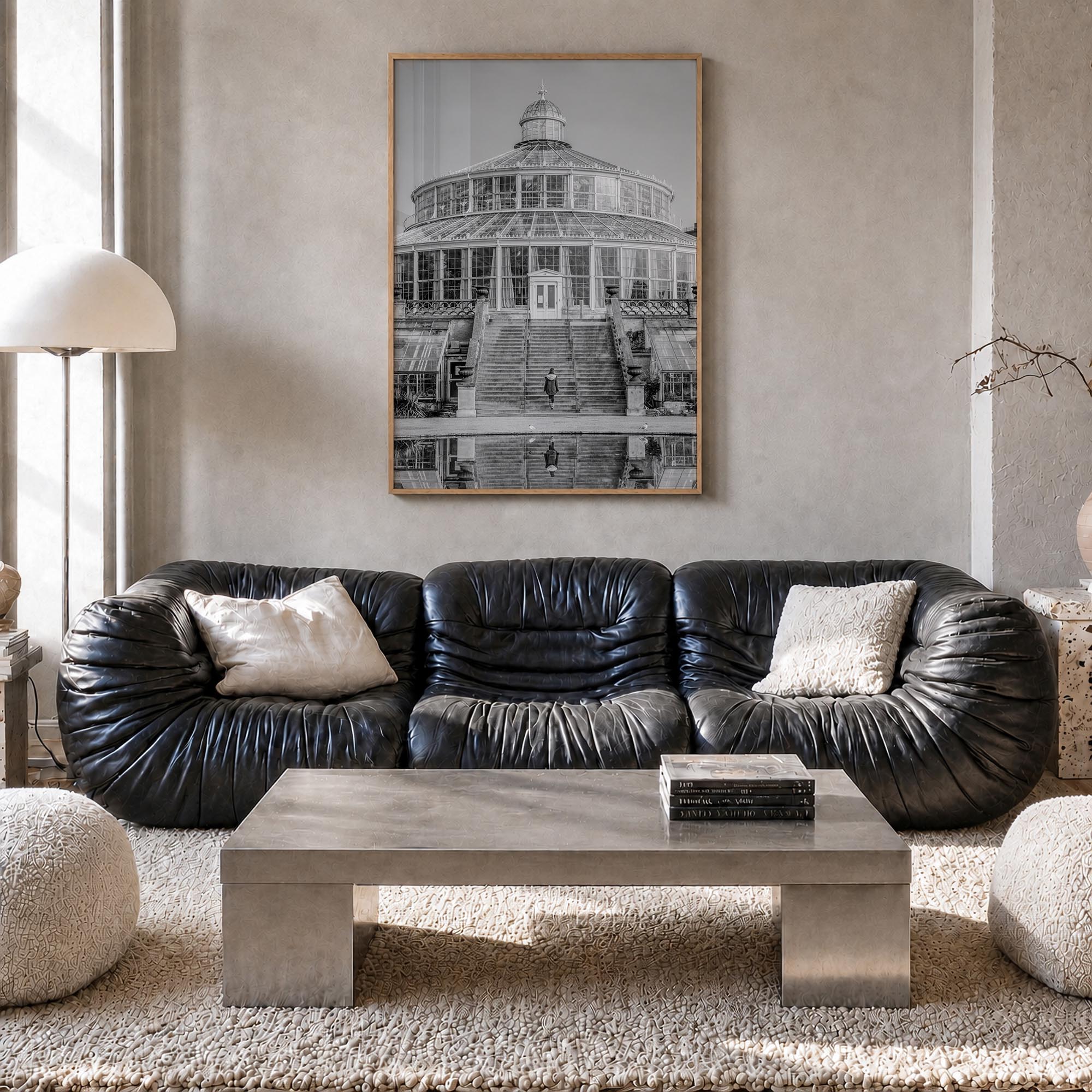 Copenhagen no. 2 black & white photo poster of Denmark – vertical wall art in natural wood frame, hanging on wall