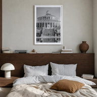 Copenhagen no. 2 black & white photo poster of Denmark – vertical wall art in white wood frame with white border, hanging on 