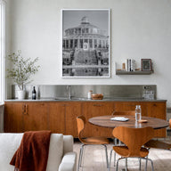 Copenhagen no. 2 black & white photo poster of Denmark – vertical wall art in white wood frame, hanging on wall