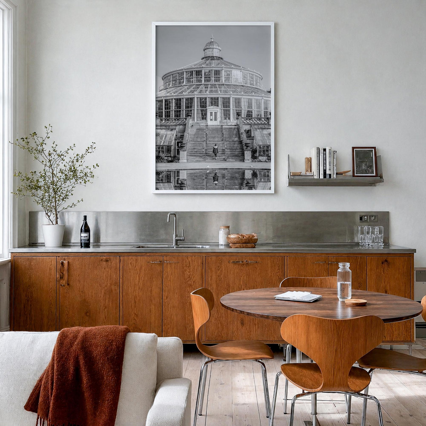 Copenhagen no. 2 black & white photo poster of Denmark – vertical wall art in white wood frame, hanging on wall