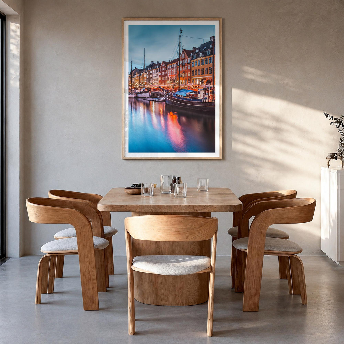Copenhagen no. 2 colorful photo poster of Denmark – vertical wall art in natural wood frame with white border, hanging on wal