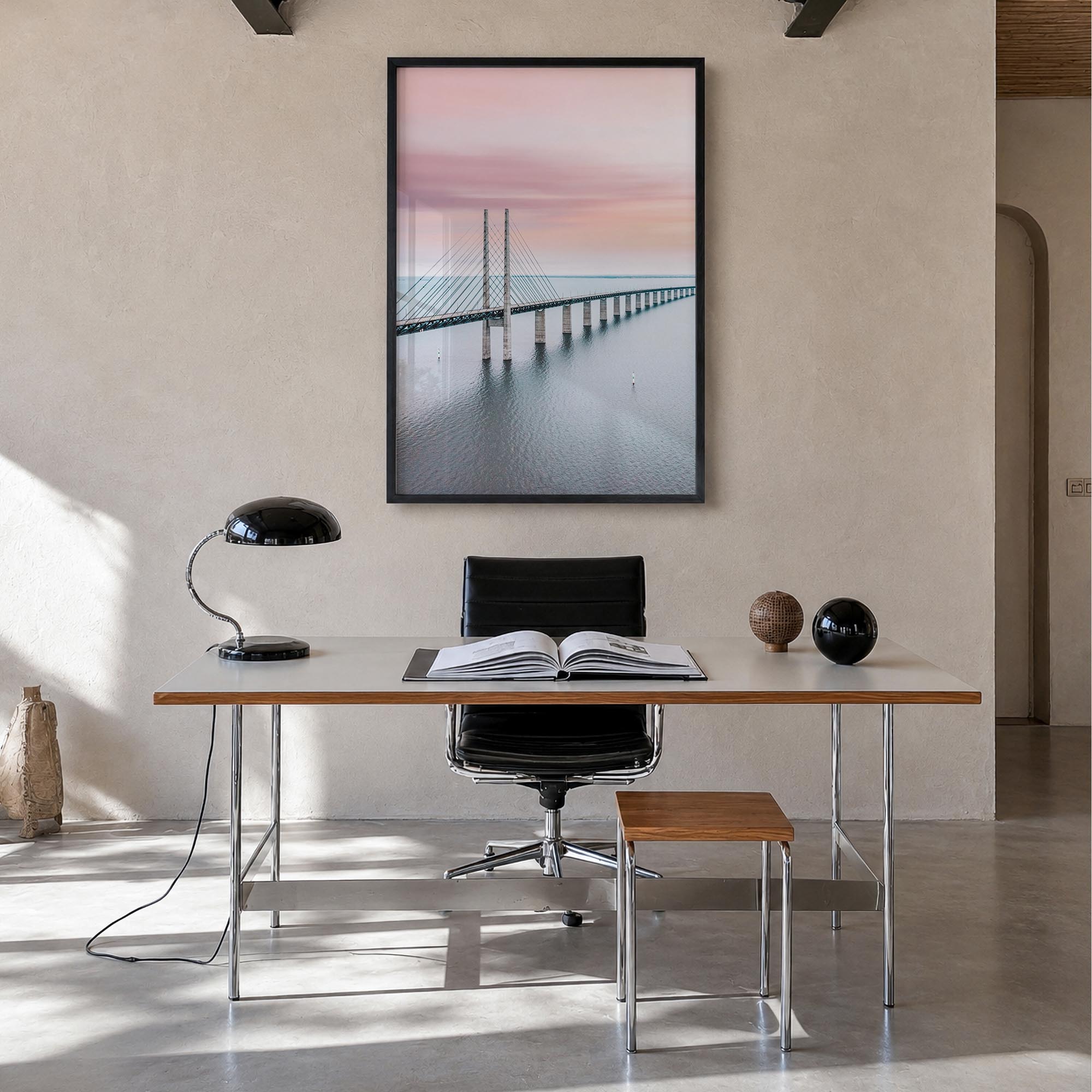 Copenhagen no. 3 colorful photo poster of Denmark – vertical wall art in black wood frame, hanging on wall
