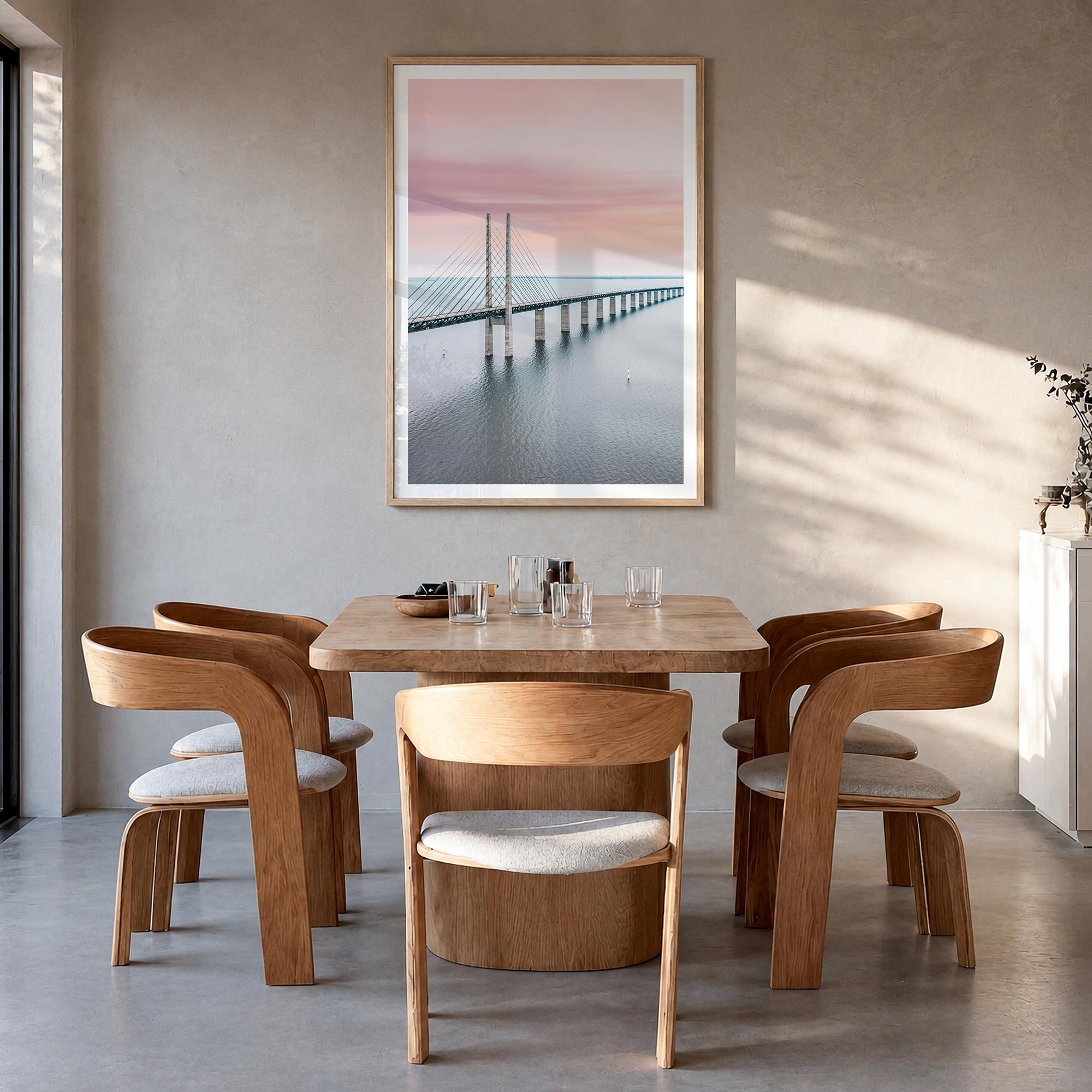 Copenhagen no. 3 colorful photo poster of Denmark – vertical wall art in natural wood frame with white border, hanging on wal