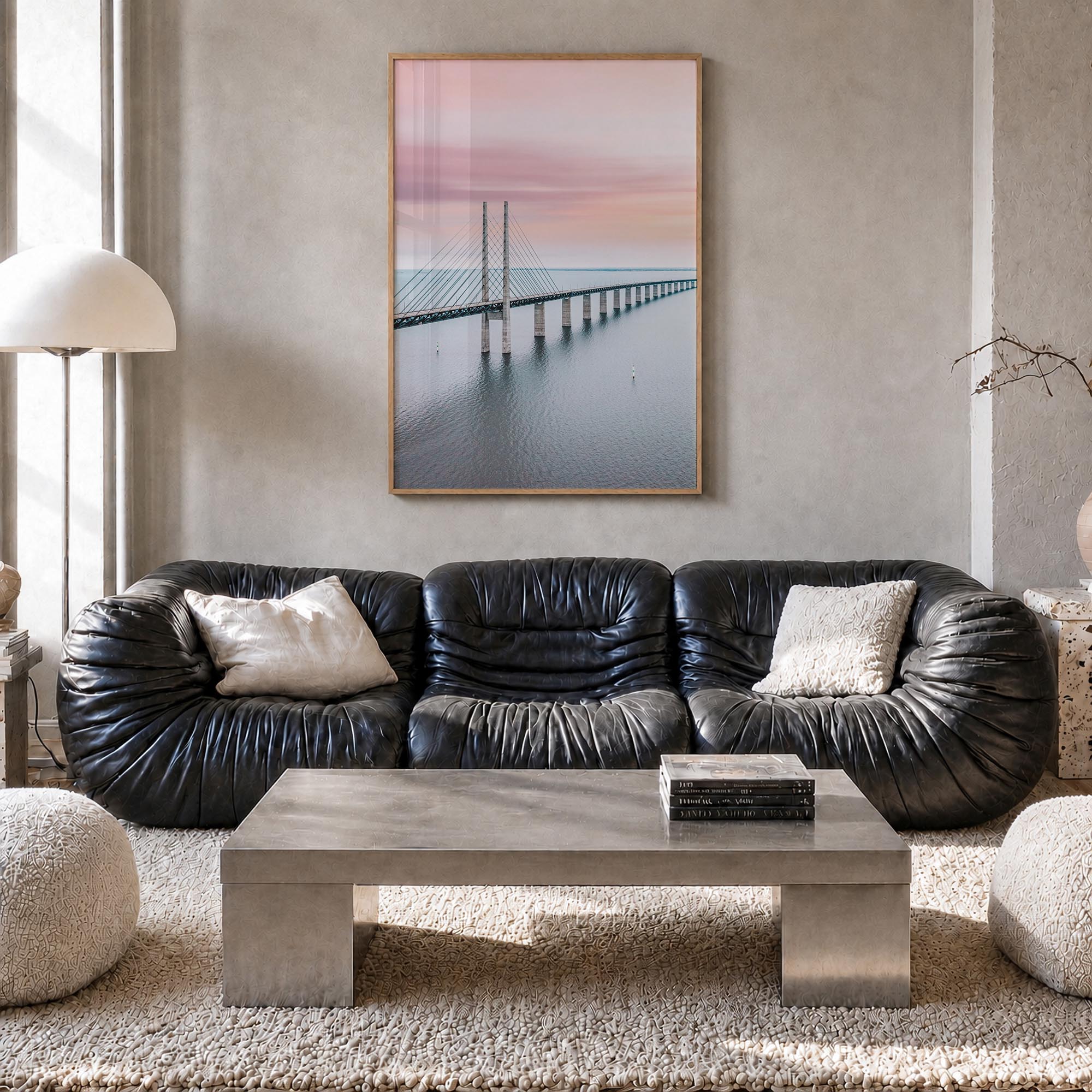 Copenhagen no. 3 colorful photo poster of Denmark – vertical wall art in natural wood frame, hanging on wall
