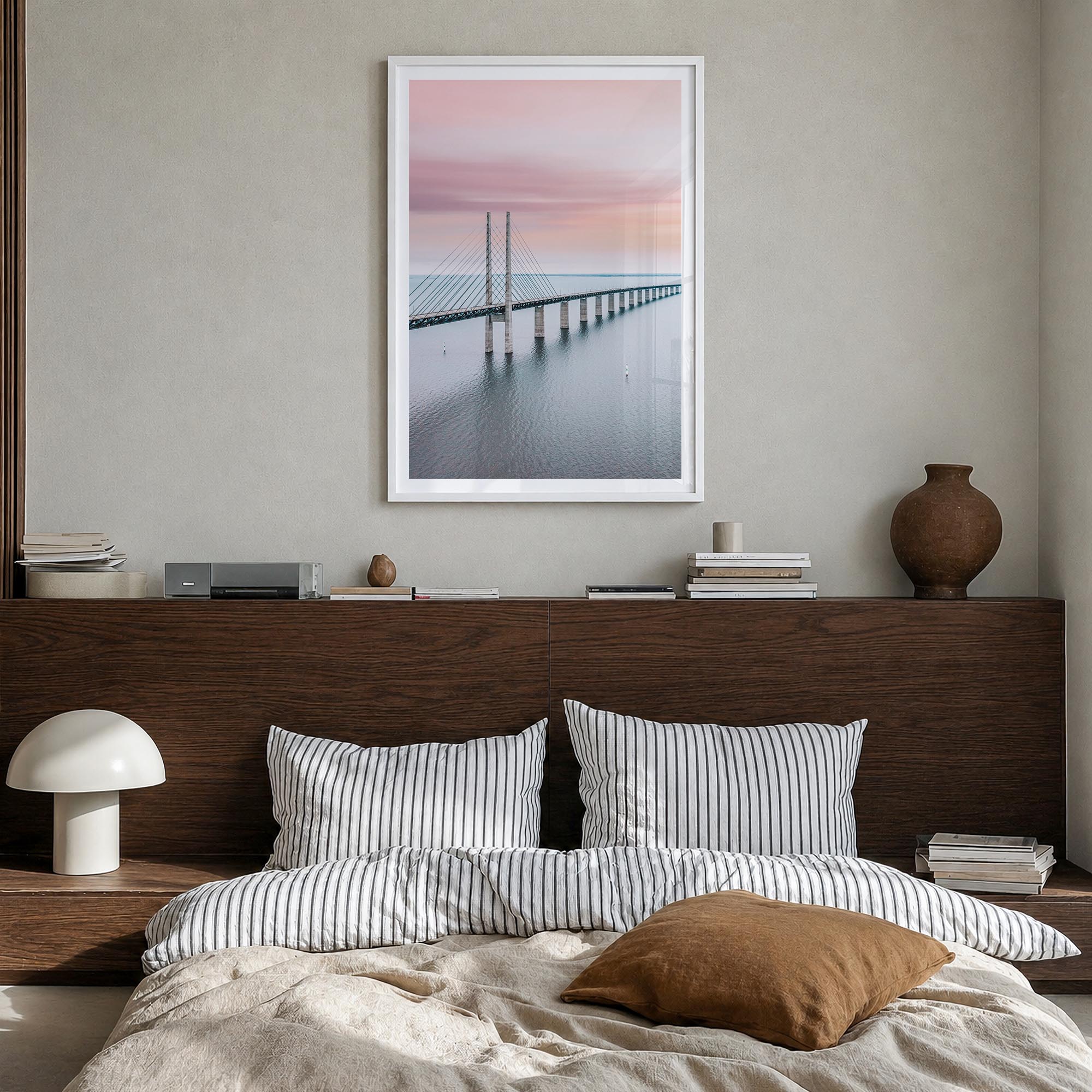 Copenhagen no. 3 colorful photo poster of Denmark – vertical wall art in white wood frame with white border, hanging on wall