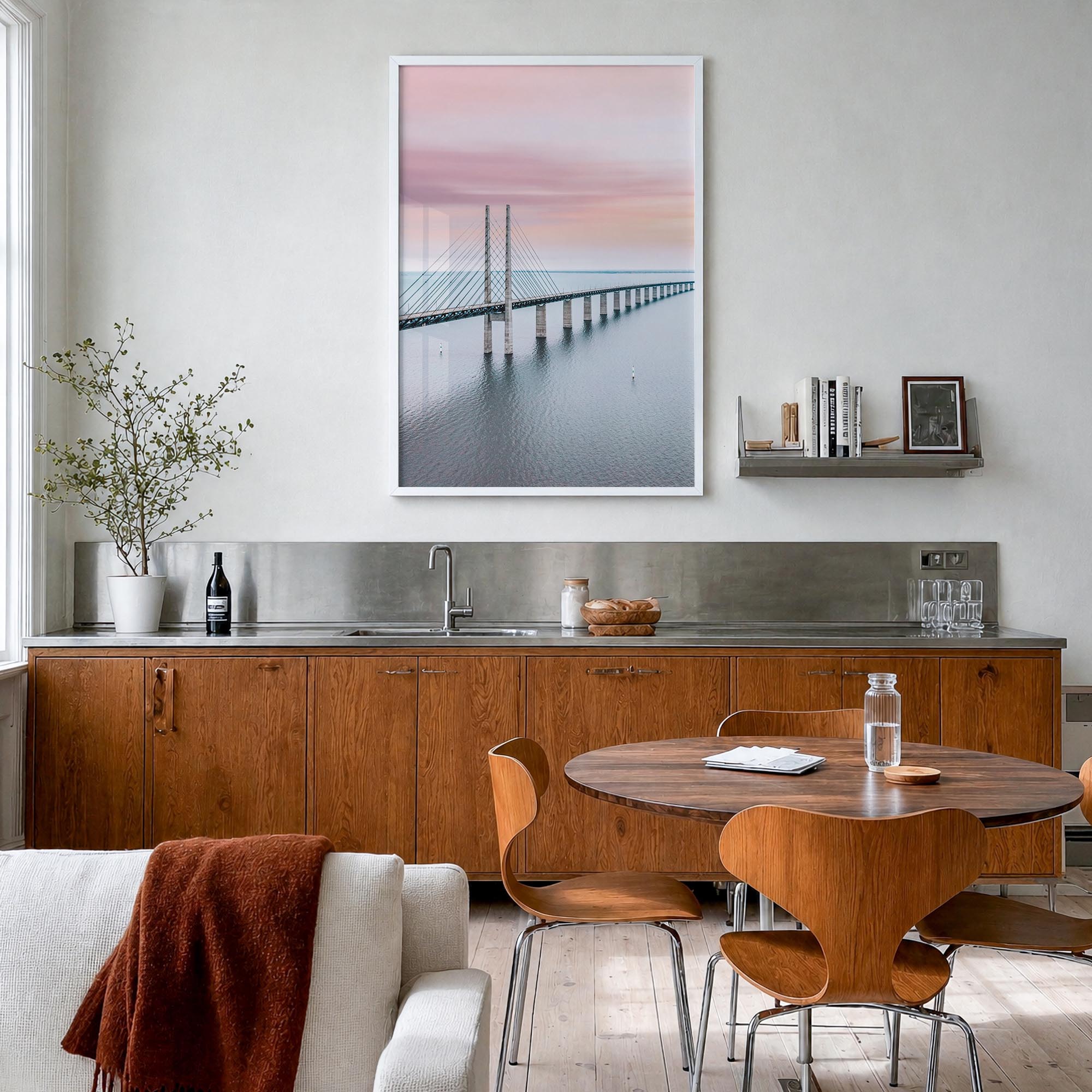 Copenhagen no. 3 colorful photo poster of Denmark – vertical wall art in white wood frame, hanging on wall
