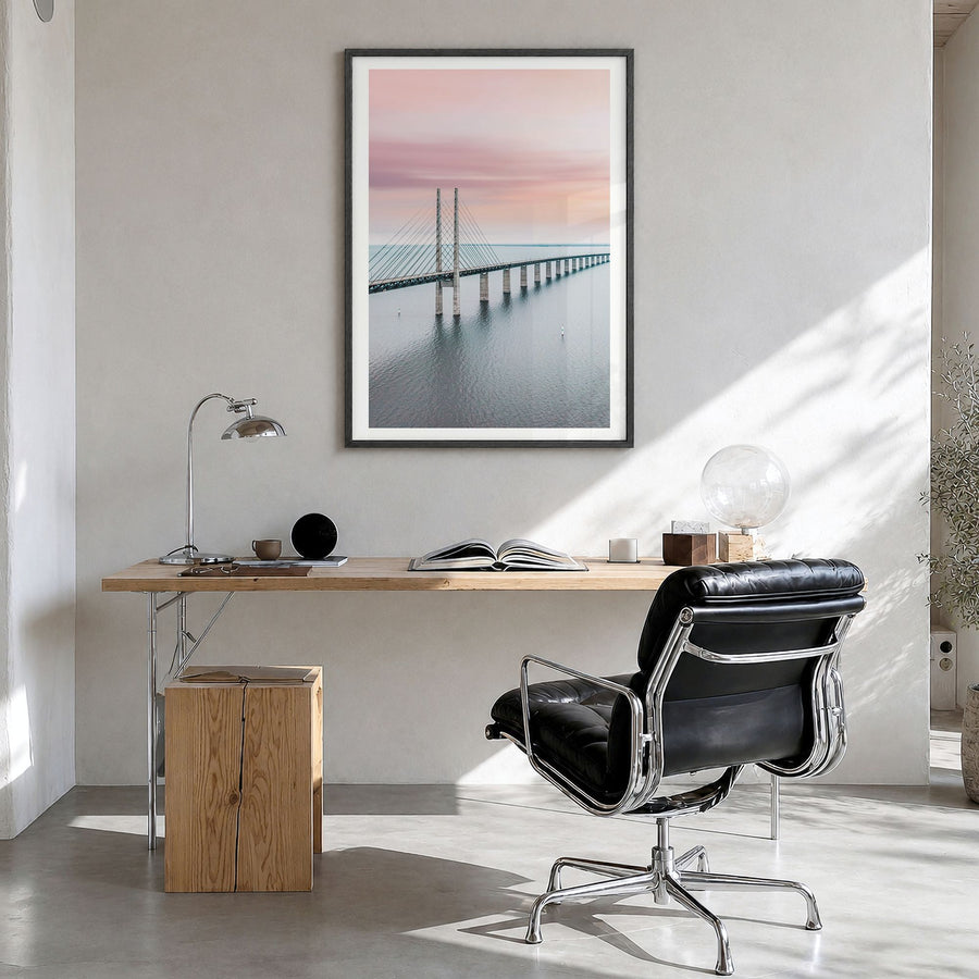 Copenhagen Photo No 3 Poster in a black wood frame, hanging in a bright home office, white border