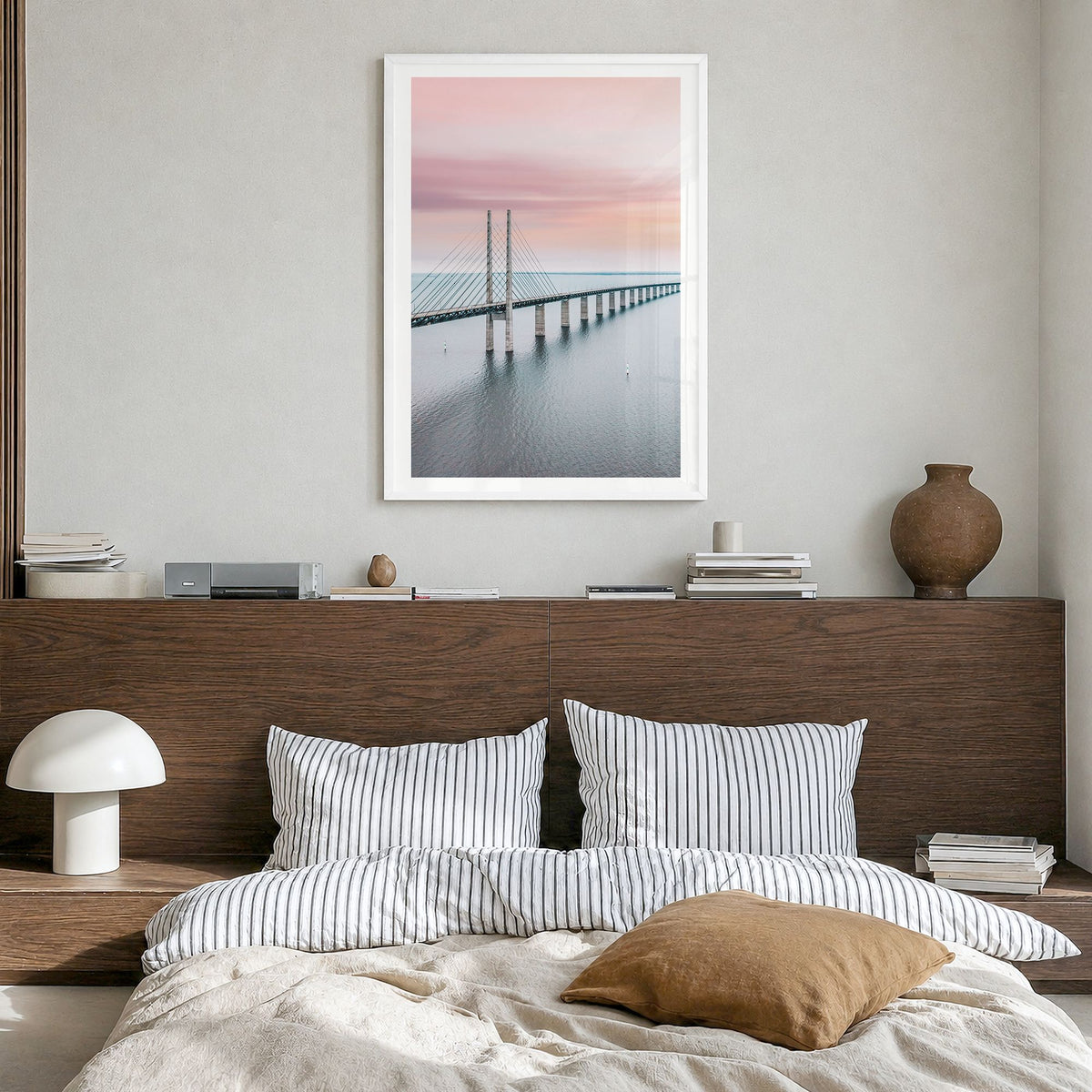 Copenhagen Photo No 3 Poster in a white wood frame, hanging in a bedroom, white border