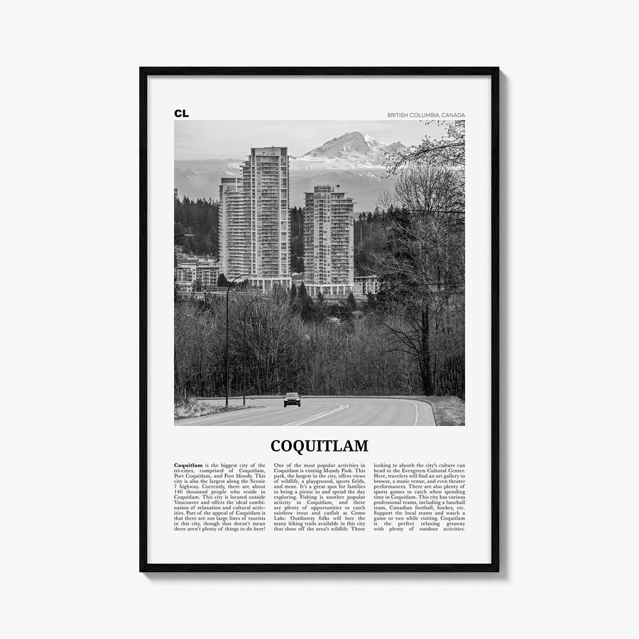 Coquitlam no. 1 black & white newspaper poster of British Columbia, Canada – vertical wall art, unframed print shown in inter