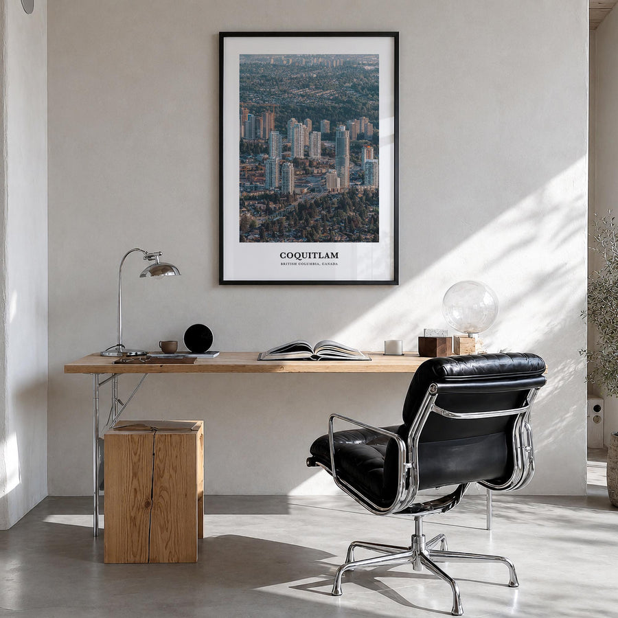 Coquitlam no. 1 colorful classic poster of British Columbia, Canada – vertical wall art in black wood frame, hanging on wall
