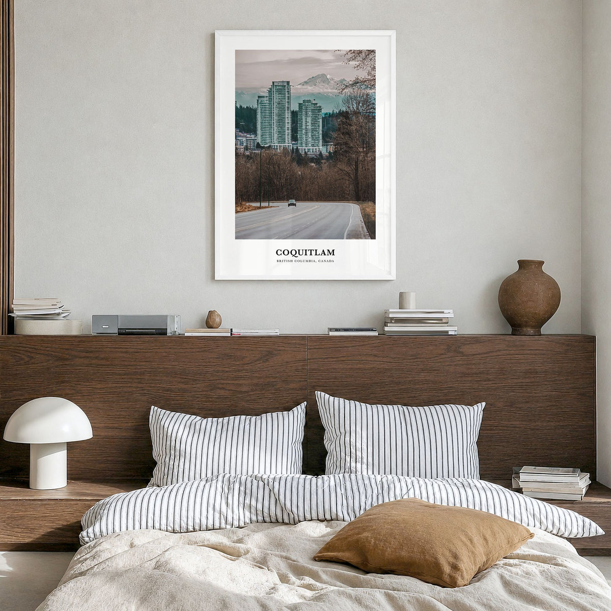 Coquitlam Classic No 2 Poster in a white wood frame, hanging in a bedroom
