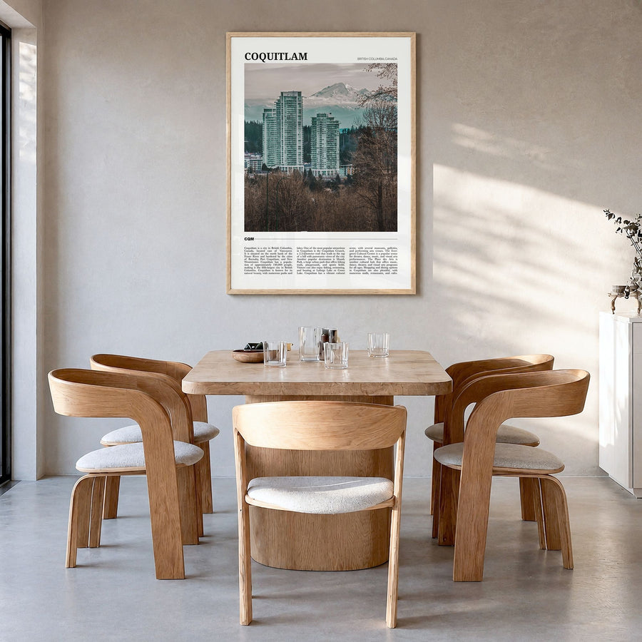 Coquitlam Travel No 2 Poster in a natural wood frame, hanging in a dining room