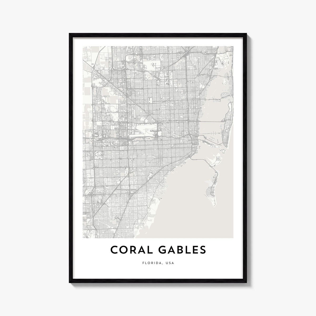 Coral Gables black & white map poster of Florida, USA – vertical wall art, unframed print shown in interior mockup