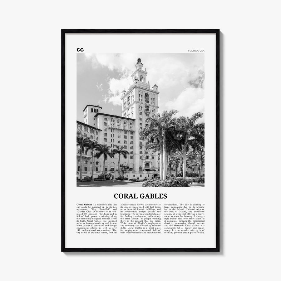 Coral Gables black & white newspaper poster of Florida, USA – vertical wall art, unframed print shown in interior mockup