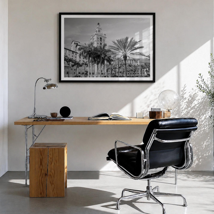 Coral Gables black & white photo poster of Florida, USA – horizontal wall art in black wood frame with white border, hanging 