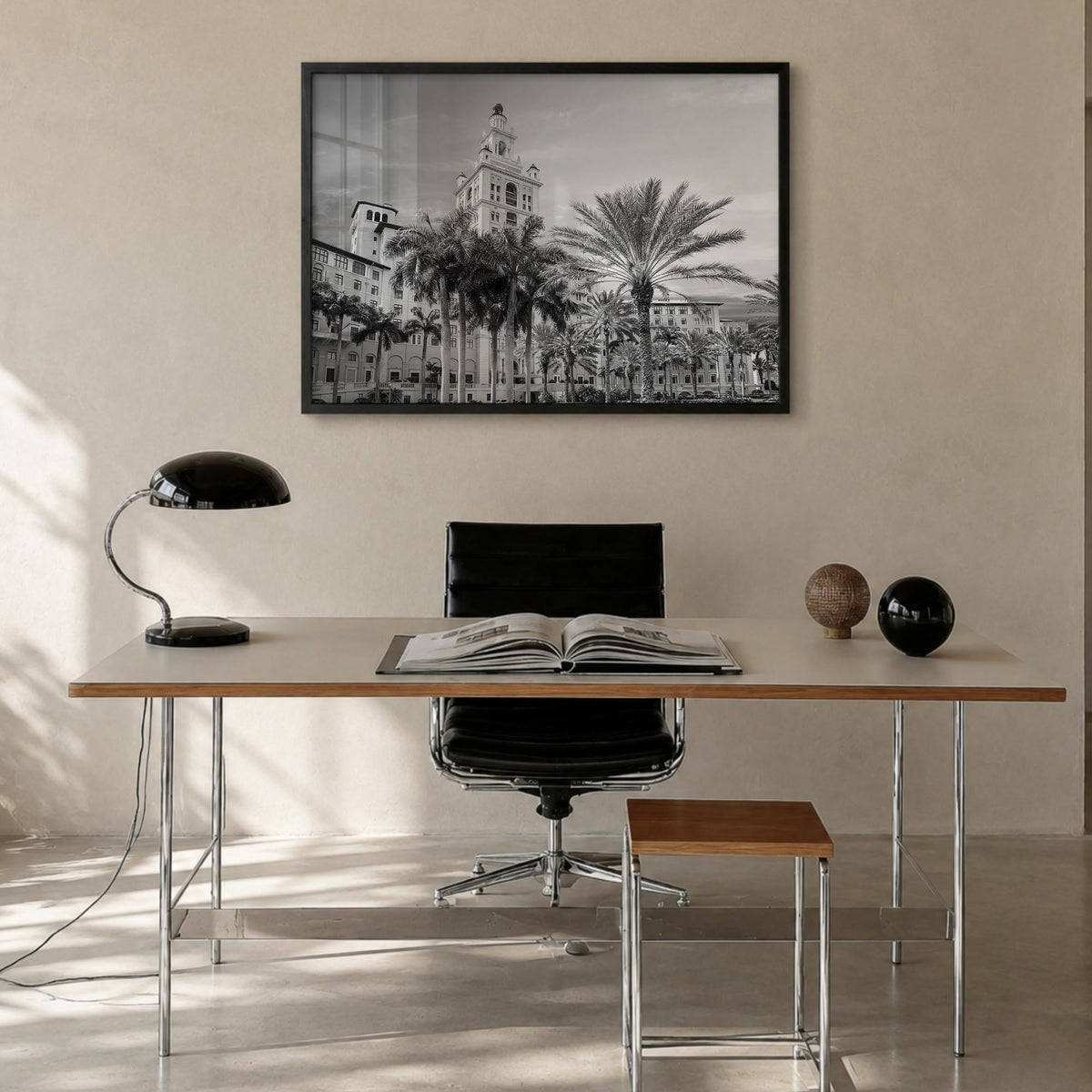 Coral Gables black & white photo poster of Florida, USA – horizontal wall art in black wood frame, hanging on wall