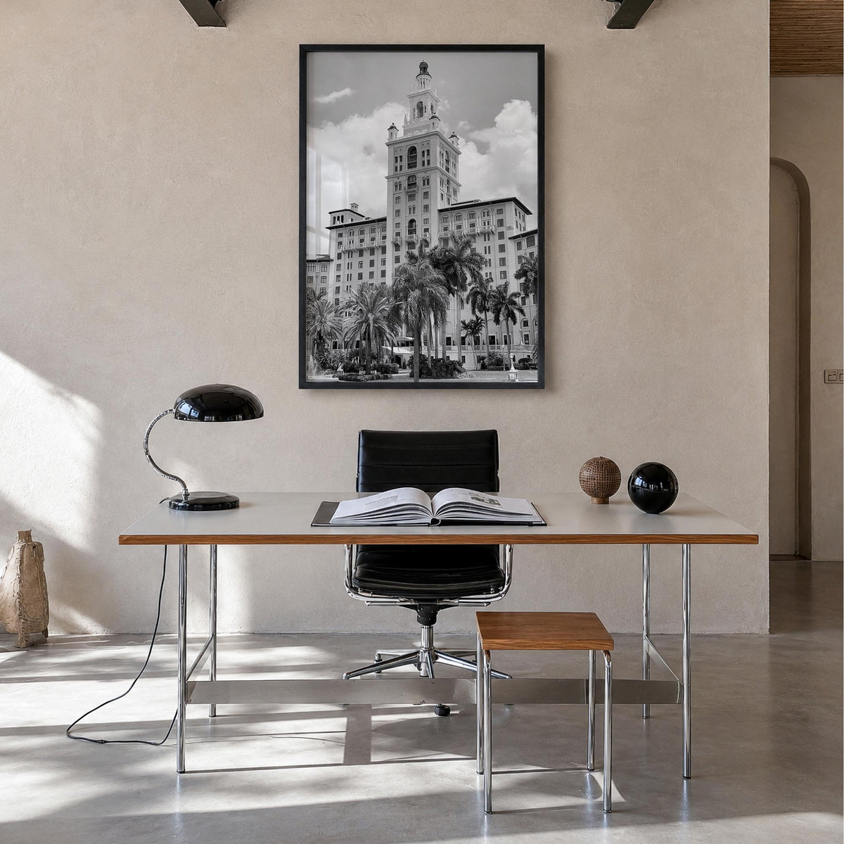 Coral Gables black & white photo poster of Florida, USA – vertical wall art in black wood frame, hanging on wall