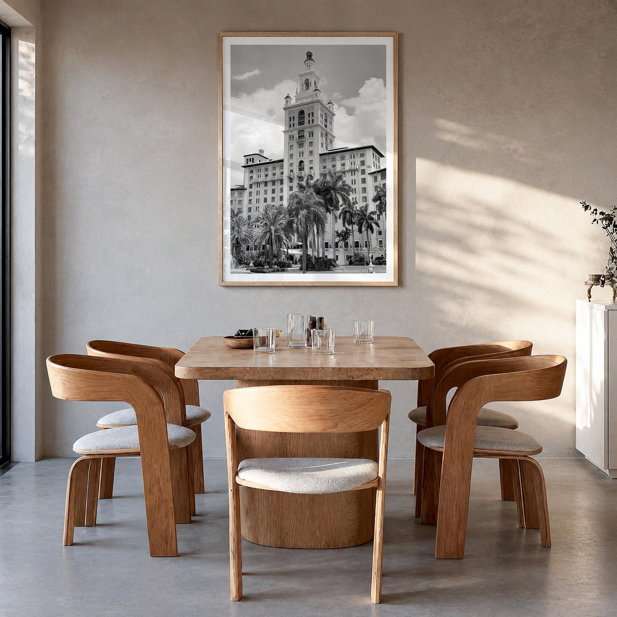 Coral Gables black & white photo poster of Florida, USA – vertical wall art in natural wood frame with white border, hanging 