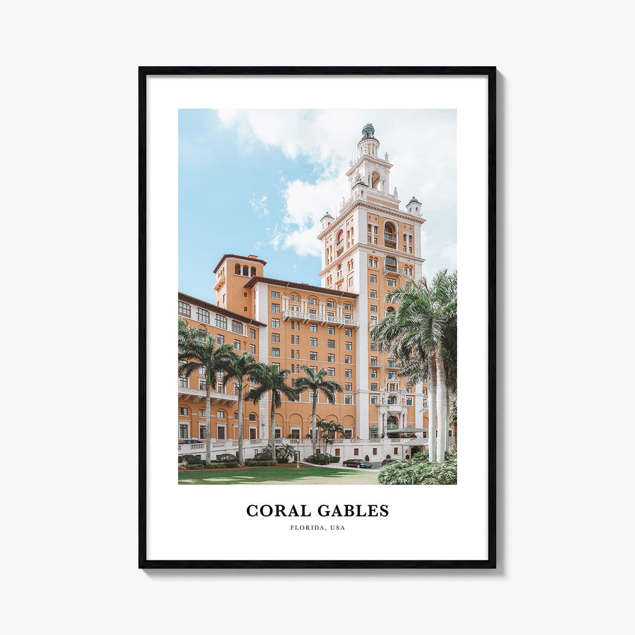 Coral Gables colorful classic poster of Florida, USA – vertical wall art, unframed print shown in interior mockup