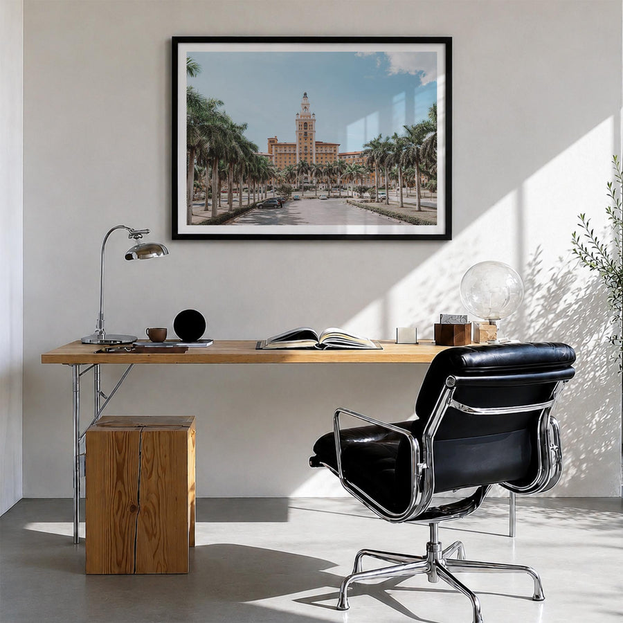 Coral Gables colorful photo poster of Florida, USA – horizontal wall art in black wood frame with white border, hanging on wa