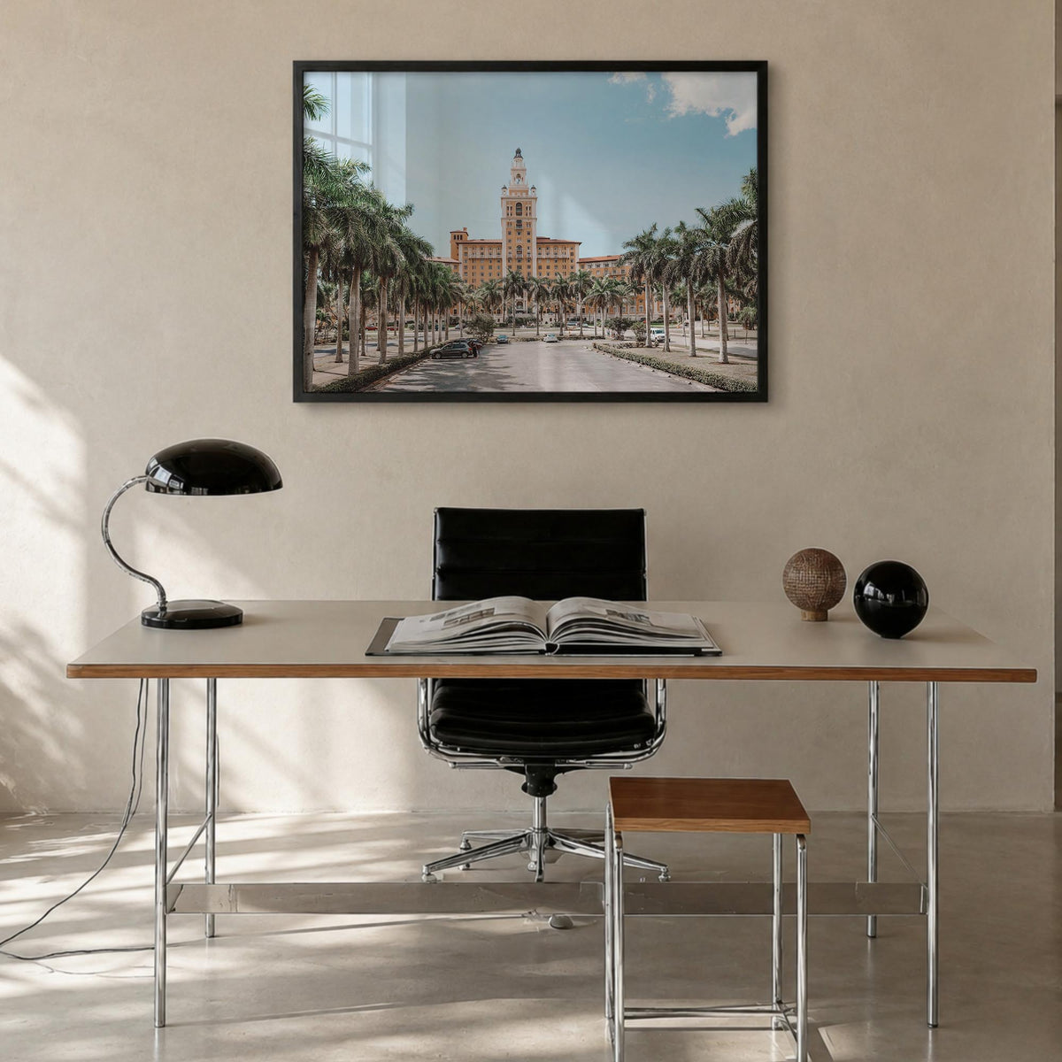 Coral Gables colorful photo poster of Florida, USA – horizontal wall art in black wood frame, hanging on wall