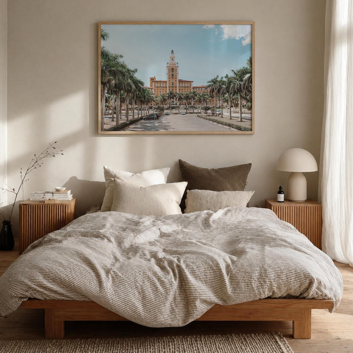 Coral Gables colorful photo poster of Florida, USA – horizontal wall art in natural wood frame, hanging on wall